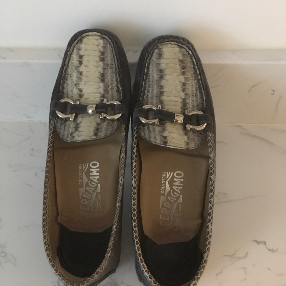 Salvatore Ferragamo Black and Cream Patterned Loafers